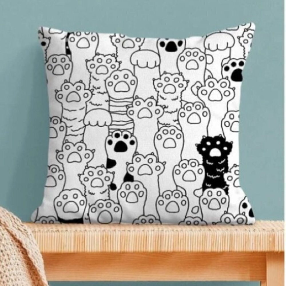 Pillow Cover Cat Paw Print Zip Closure Deco Large Black White Square 17.7 x 17.